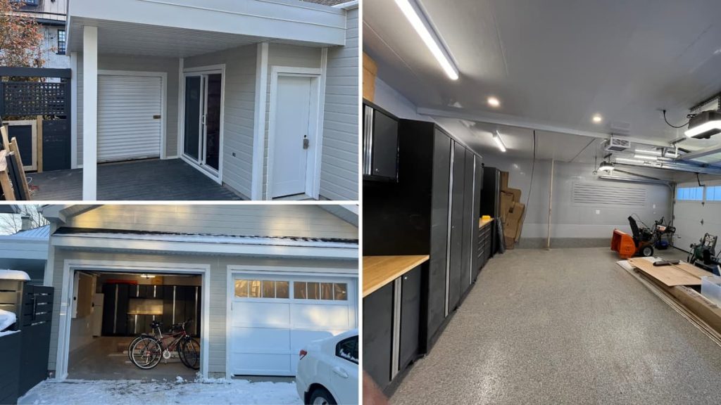 Images avant et après de la rénovation de garage réalisée par Construction MFA, démontrant un savoir-faire en finition intérieure et extérieure.