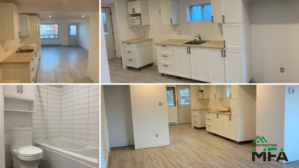 Rénovation d’appartement par Construction MFA montrant une cuisine neuve, une salle de bain mise à jour et des espaces de vie rafraîchis.