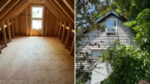 Intérieur de grenier rénové avec une nouvelle fenêtre et vue extérieure de la maison montrant la fenêtre depuis l'extérieur, par Construction MFA.