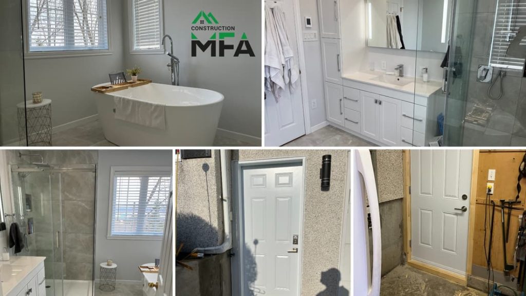Montage avant et après de la rénovation de salle de bain luxueuse et installation de portes extérieures par Construction MFA.